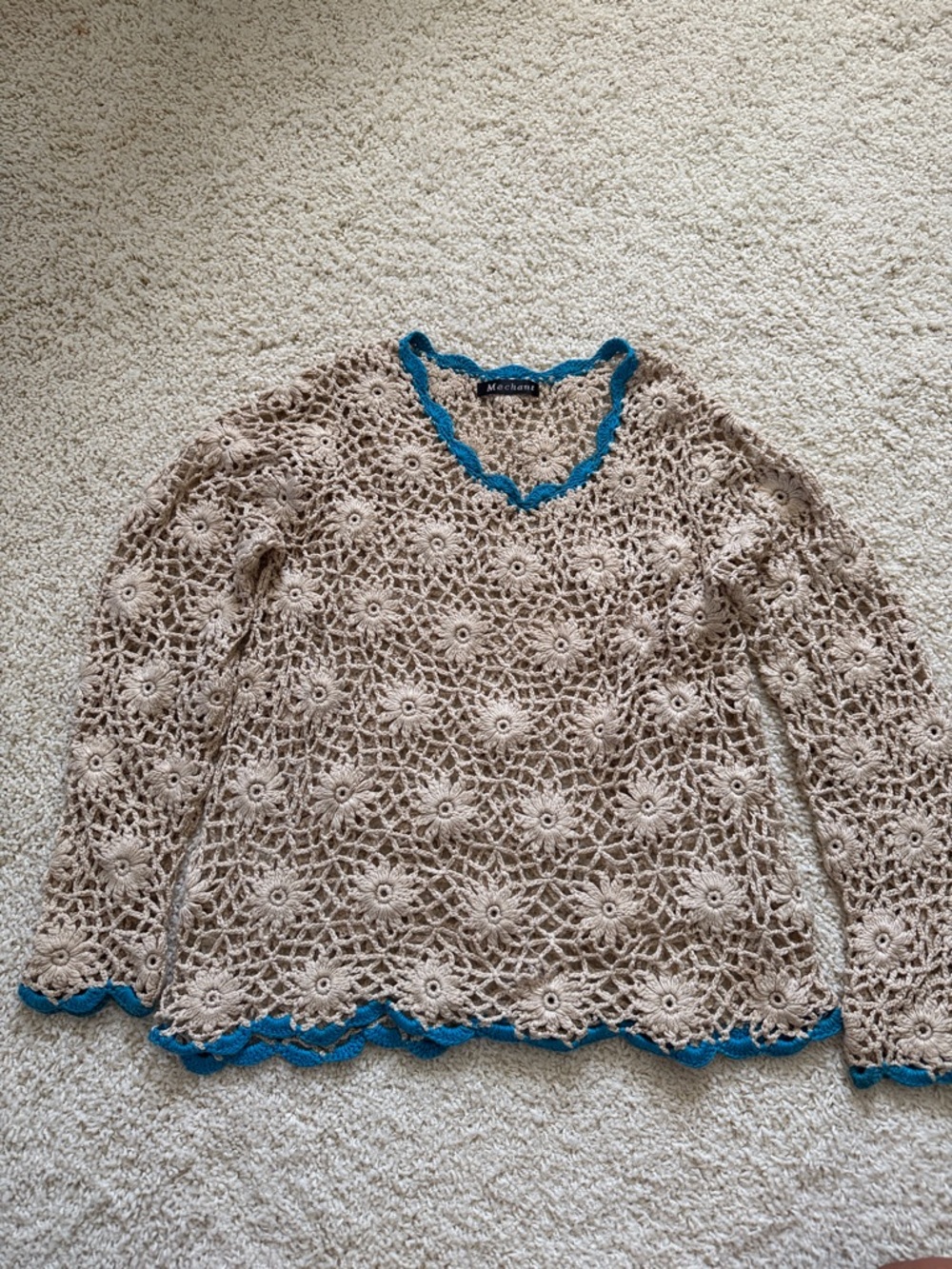 Mechant Beige Crochet Swim Coverup with Teal Trim